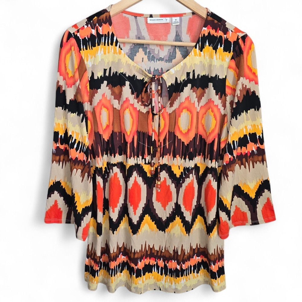 Susan Graver Top Womens Medium Liquid Knit Abstract Ikat Tunic 3/4 Sleeve Blouse
